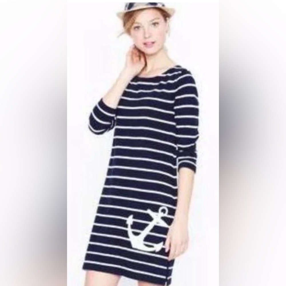 Womens J Crew Nautical Dress. Sz XXS  100% Cotton Navy white stripe w An…